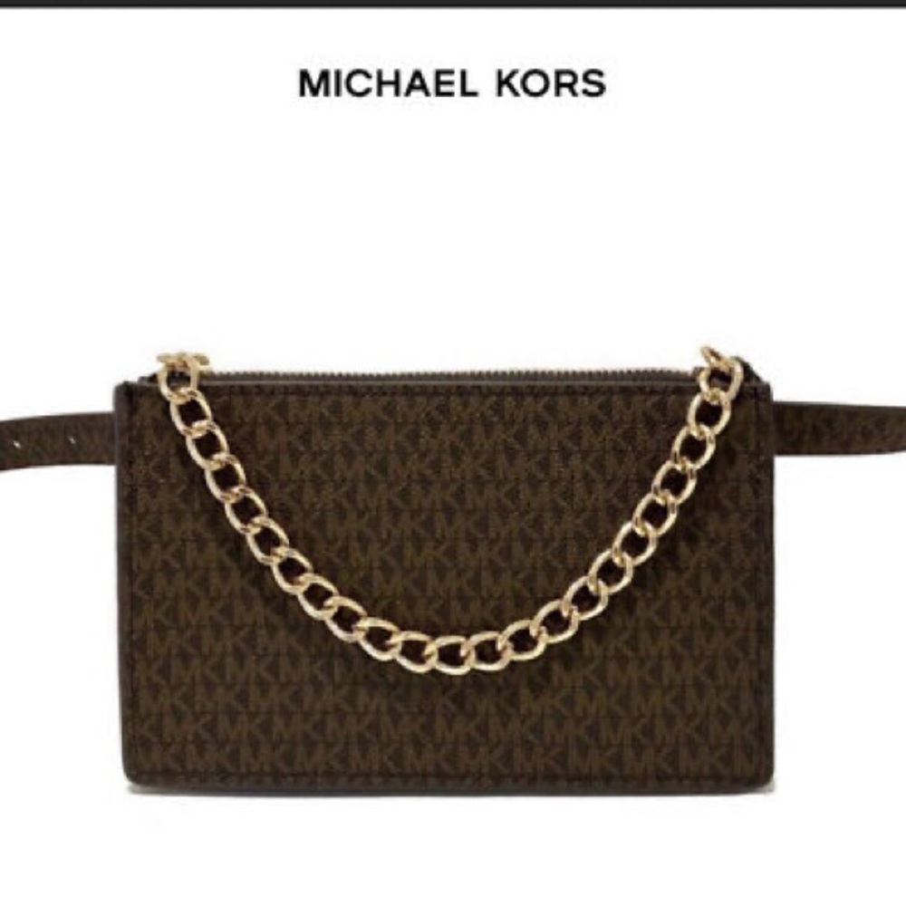 Micheal Kors Signature Gold Chain Waist Belt Bag in Chocolate Brown NWT